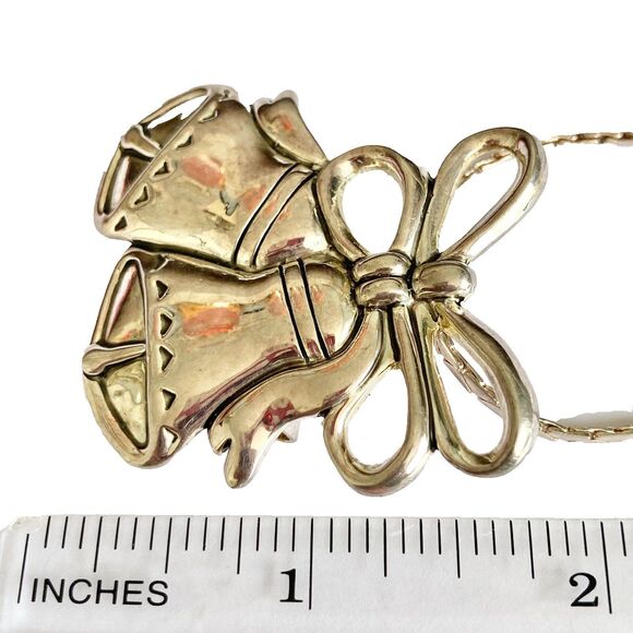 Vintage Christmas Bells Necklace Brooch Pin Pendant 24" Silver Plated Estate MJ - Picture 9 of 11